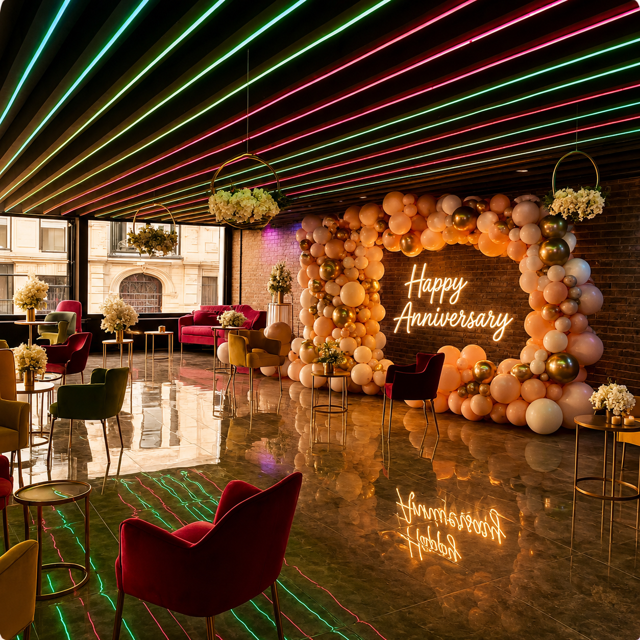 Neon-lit anniversary reception with balloon arch and velvet lounge
